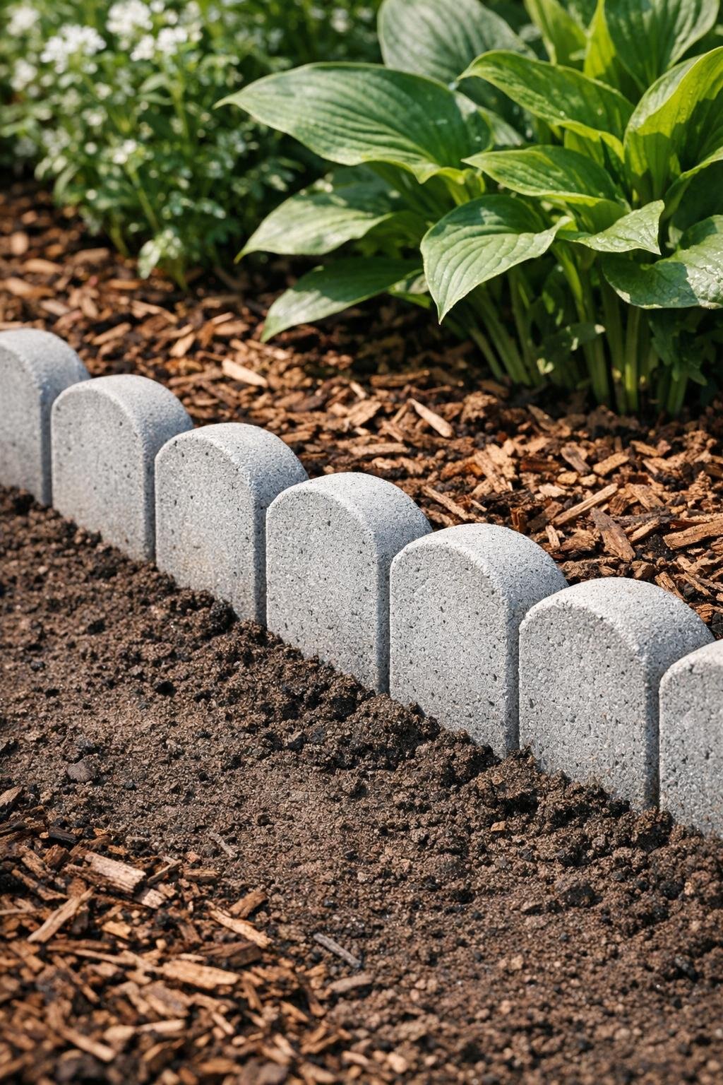 Finished scalloped concrete garden edging installed around a flower bed