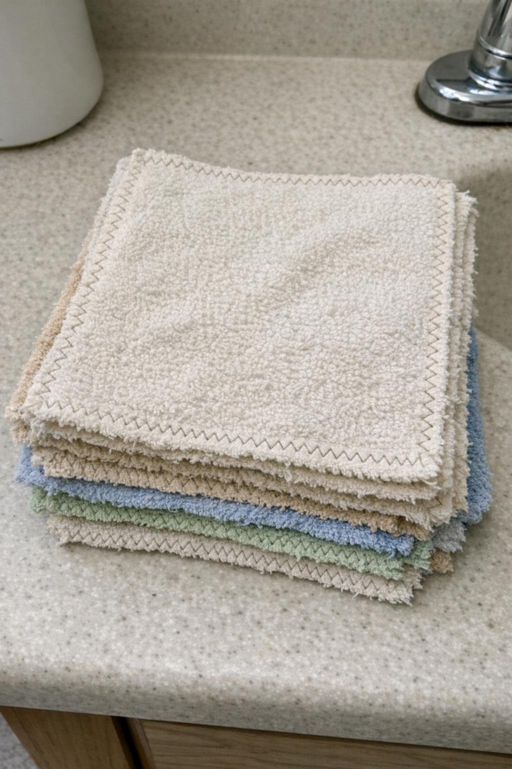 Stack of homemade towel washcloths
