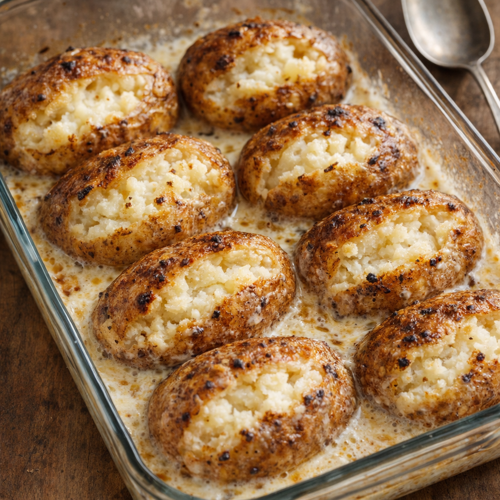 Rustic baked potatoes in a casserole dish on a kitchen table