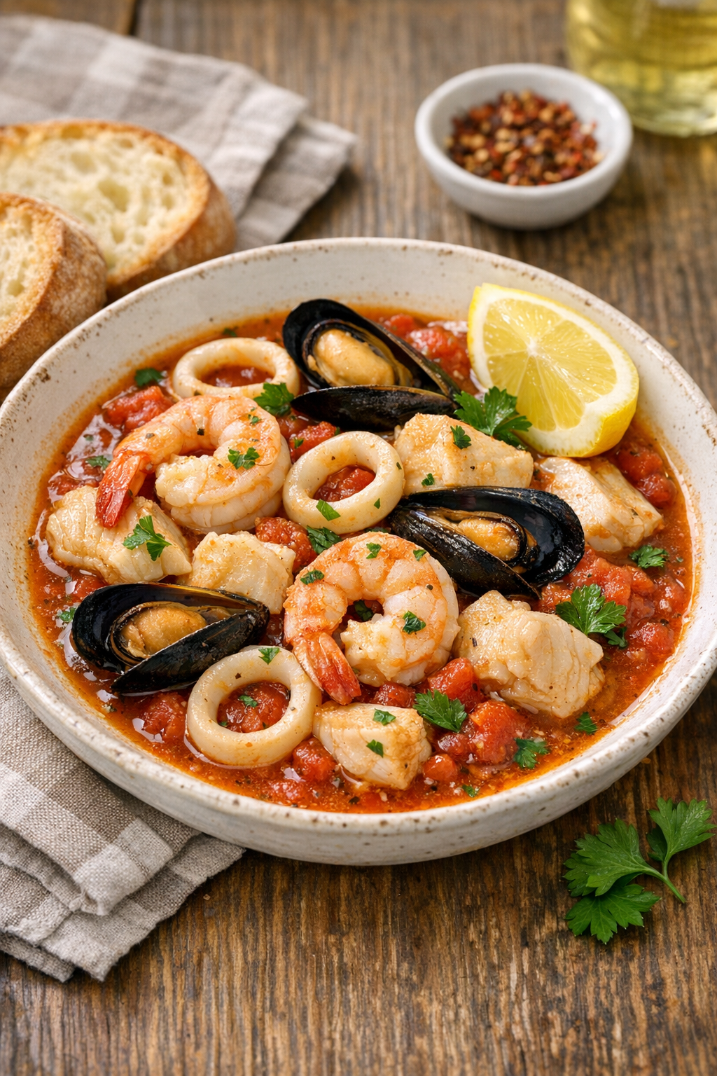 Finished slow cooker seafood medley in tomato broth