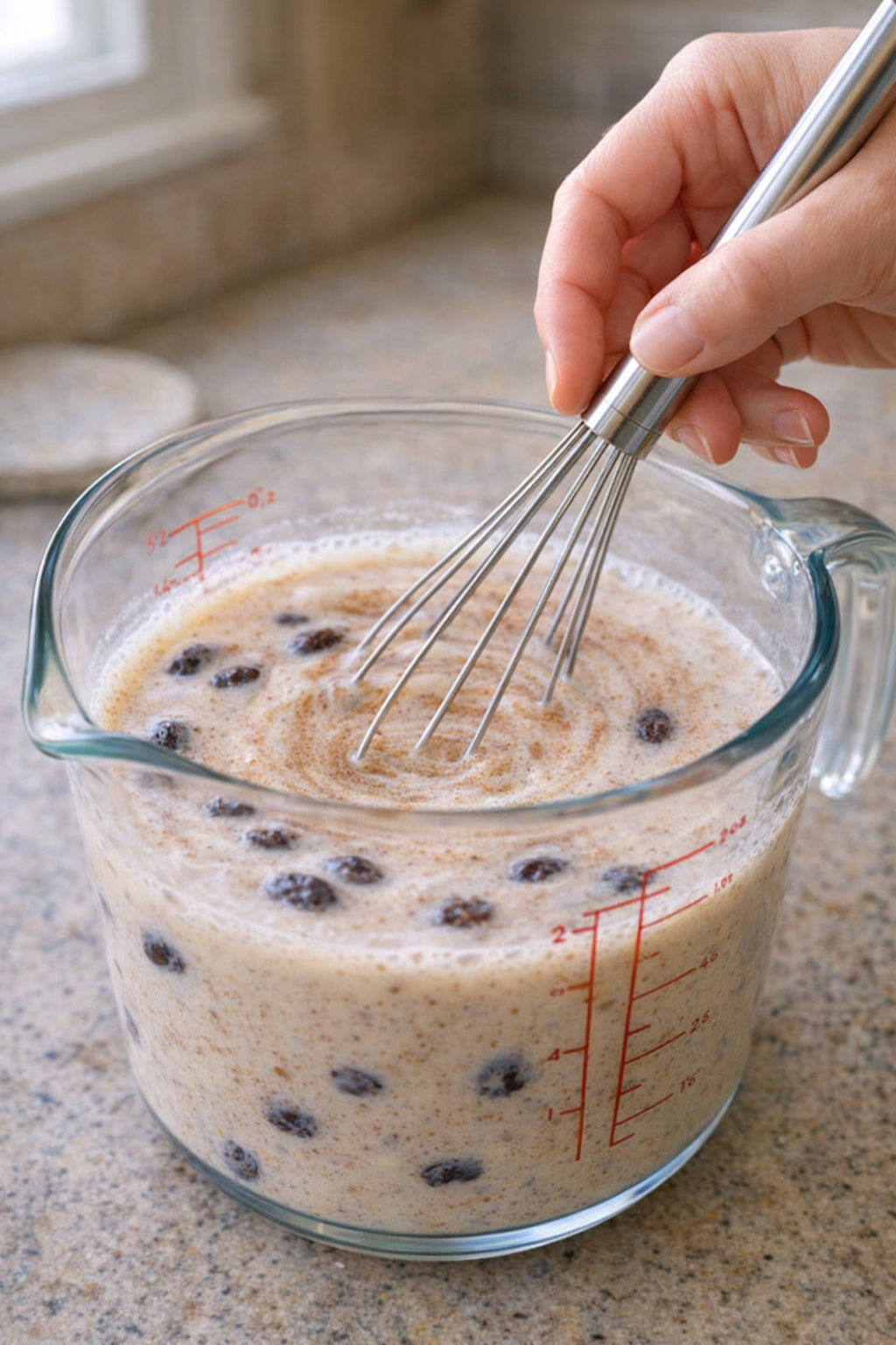 Milk mixture being whisked for rice pudding