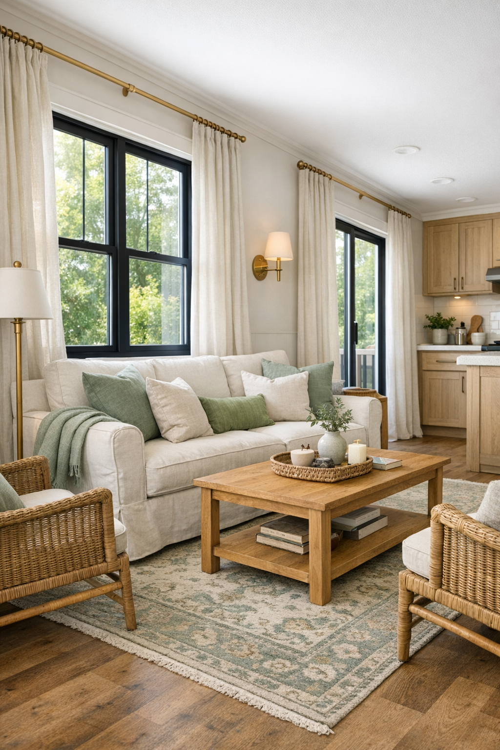 Cozy cottage-style living room with sage accents and warm wood tones