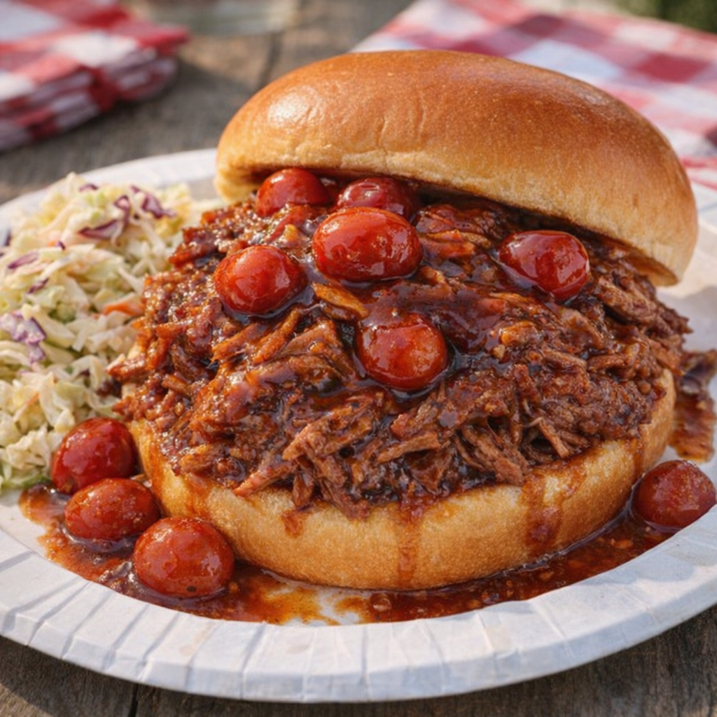 Shredded barbecue beef served on a bun