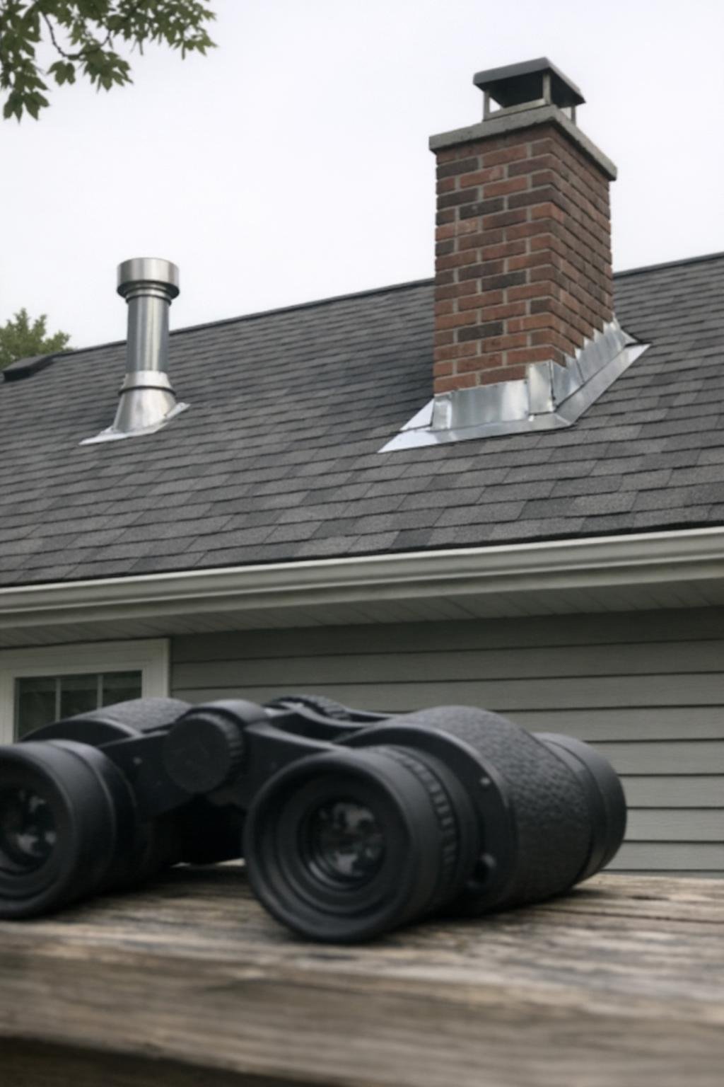 View of roof shingles and flashing from the ground with binoculars nearby