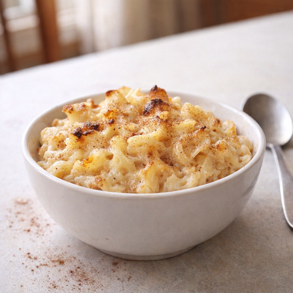 Bowl of noodle bake dusted with cinnamon on a kitchen table