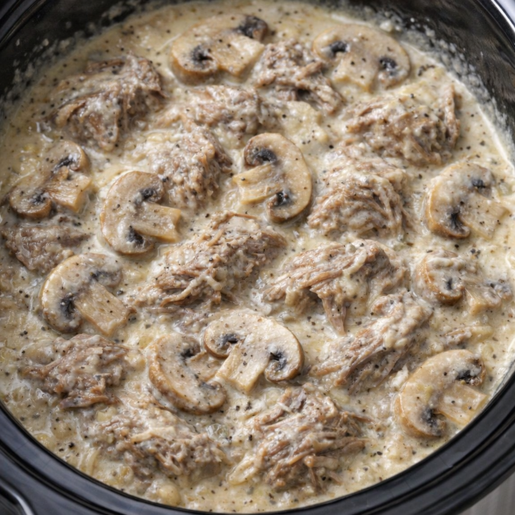 Beef stroganoff with mushrooms in the slow cooker