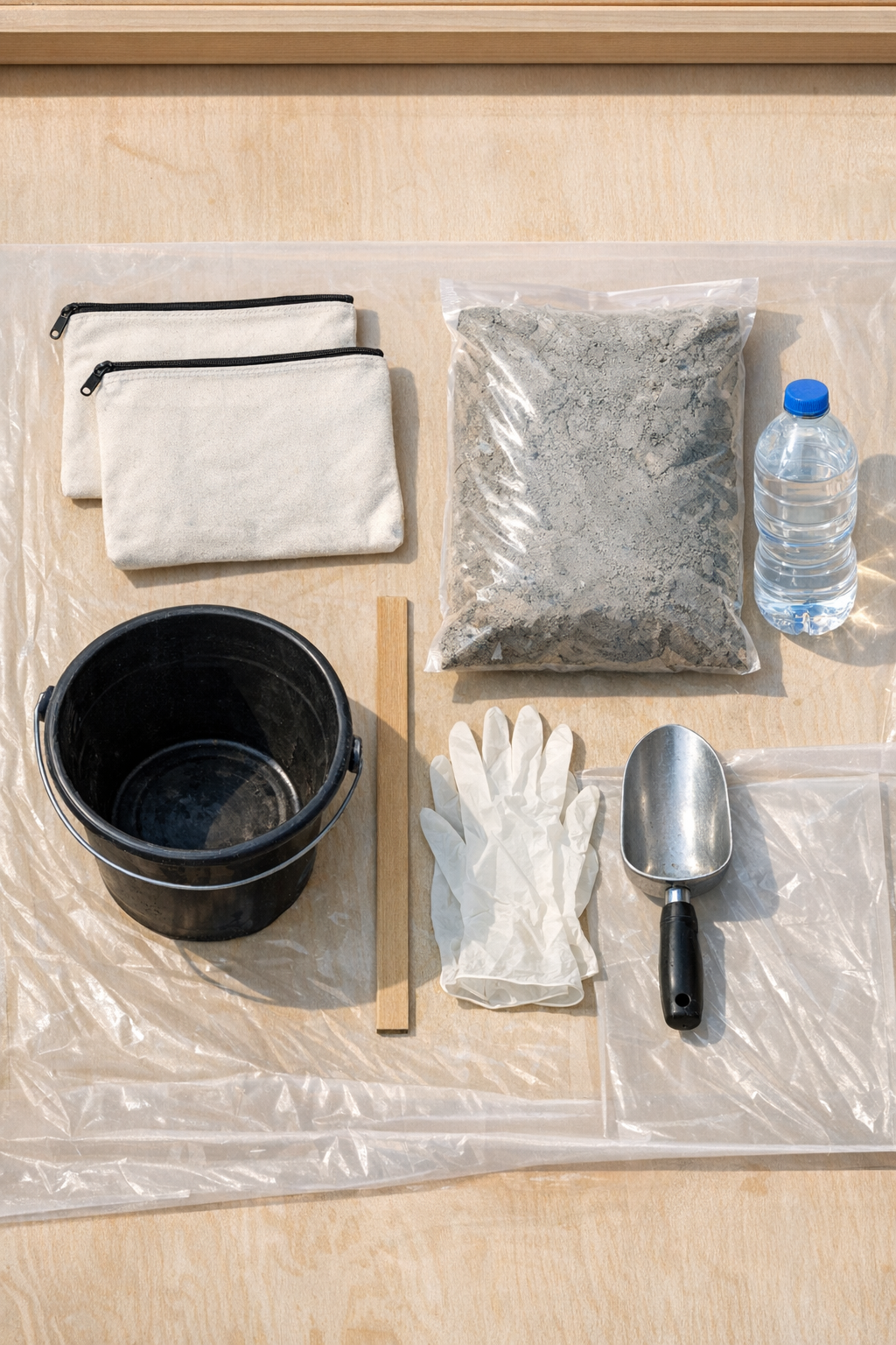 Canvas pencil pouches, cement, water, and mixing supplies laid out for making garden bricks