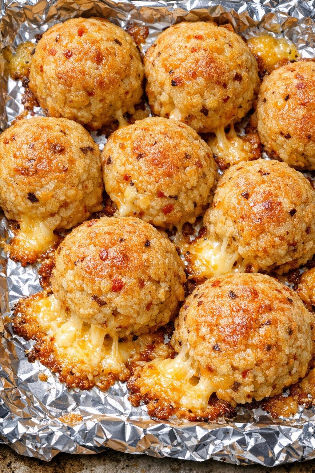Southern 4-ingredient spicy cheese balls on a foil-lined baking tray