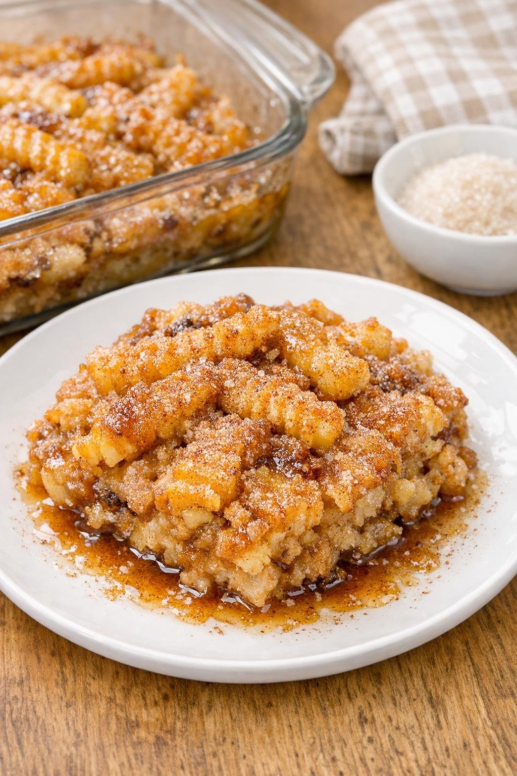 Finished baked french fry dessert in a glass dish