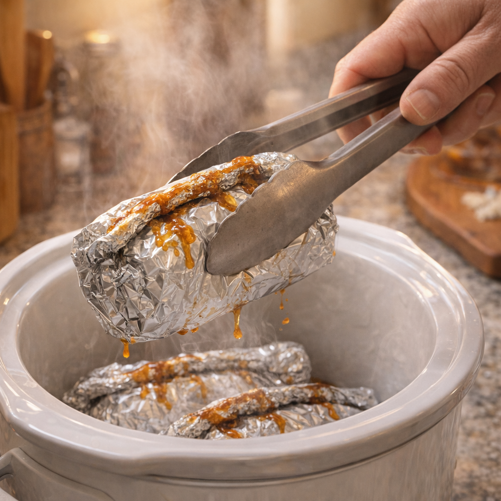 Hot foil packet being lifted from slow cooker with tongs