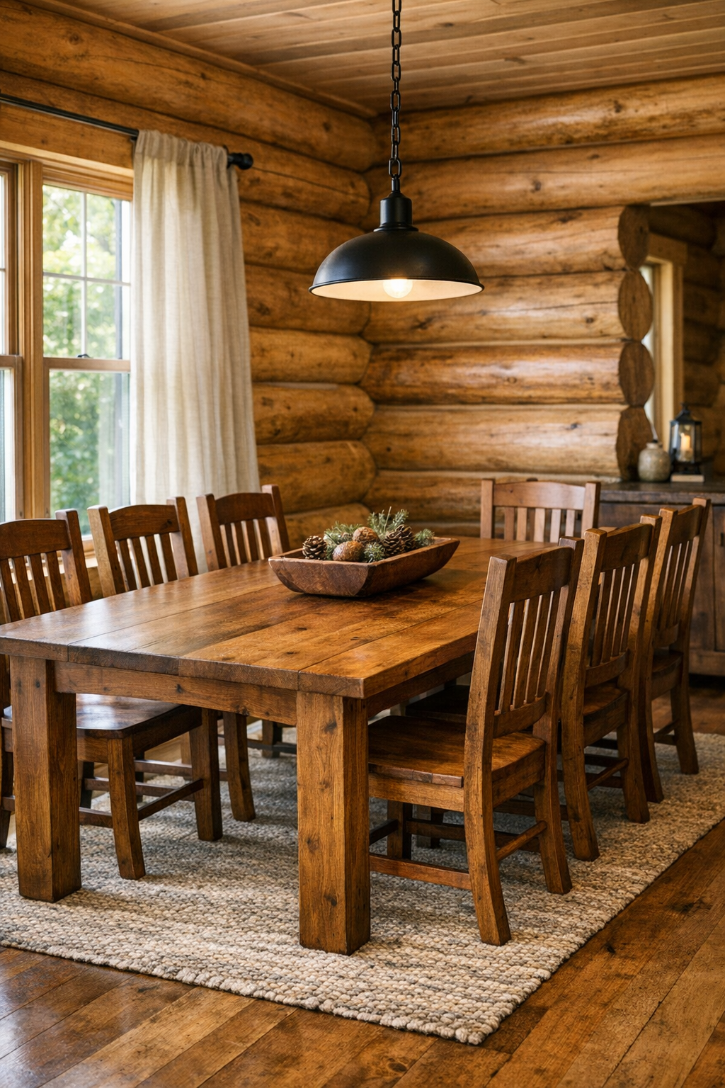 Traditional dining room with Amish wood table and warm log walls