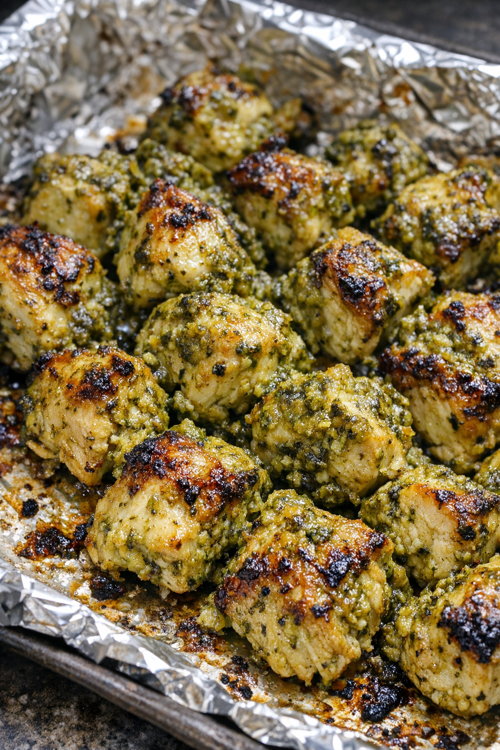Finished pesto chicken bites on a foil-lined tray