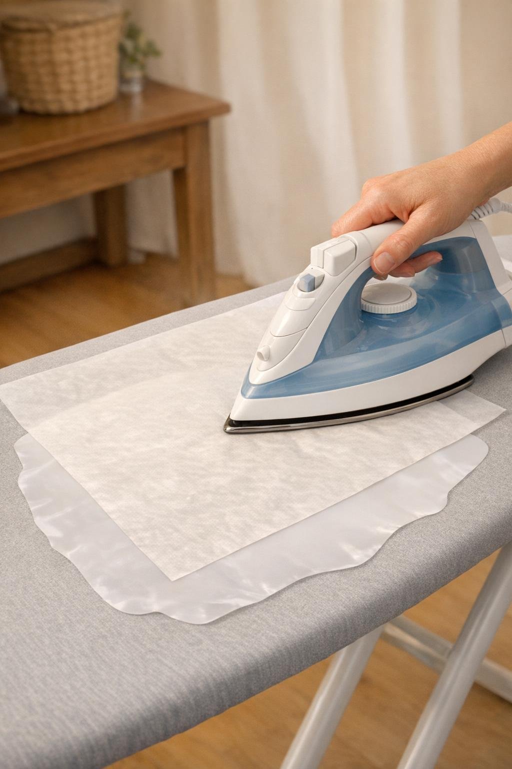 Plastic milk jug panel being flattened under parchment paper with an iron