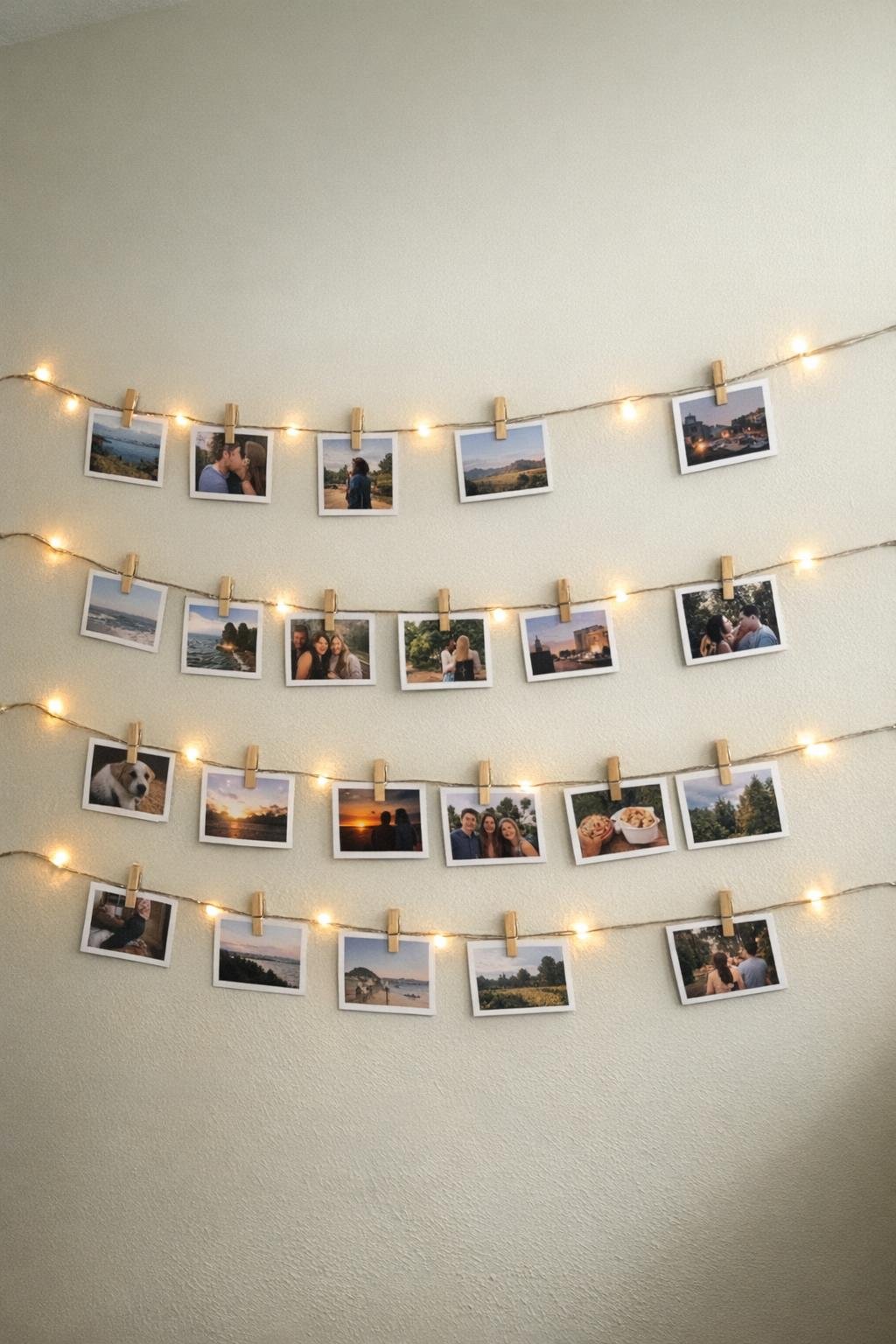 Snapshots clipped to a strand of string lights on a wall
