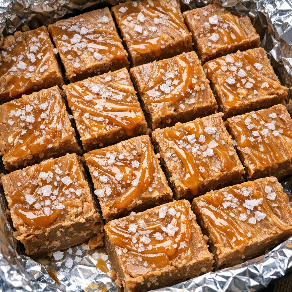 Slow cooker caramel frappe fudge cut into creamy squares in a foil-lined pan