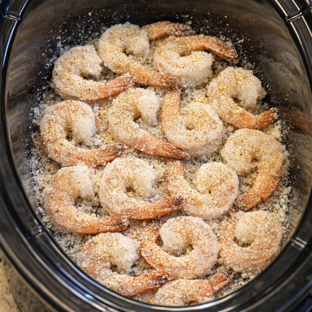 Seasoned shrimp in the slow cooker before cooking