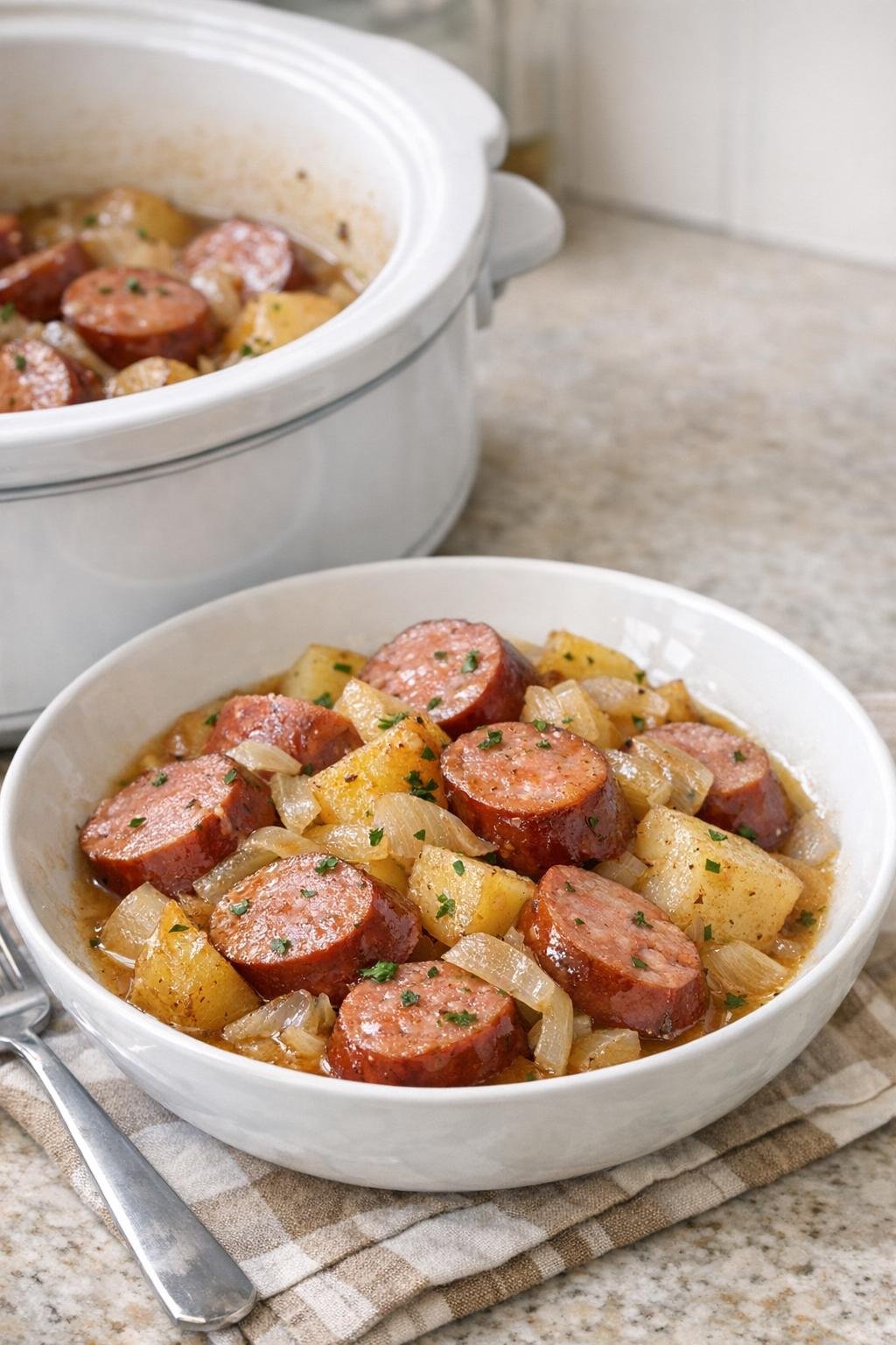 Finished slow cooker smoked sausage dinner