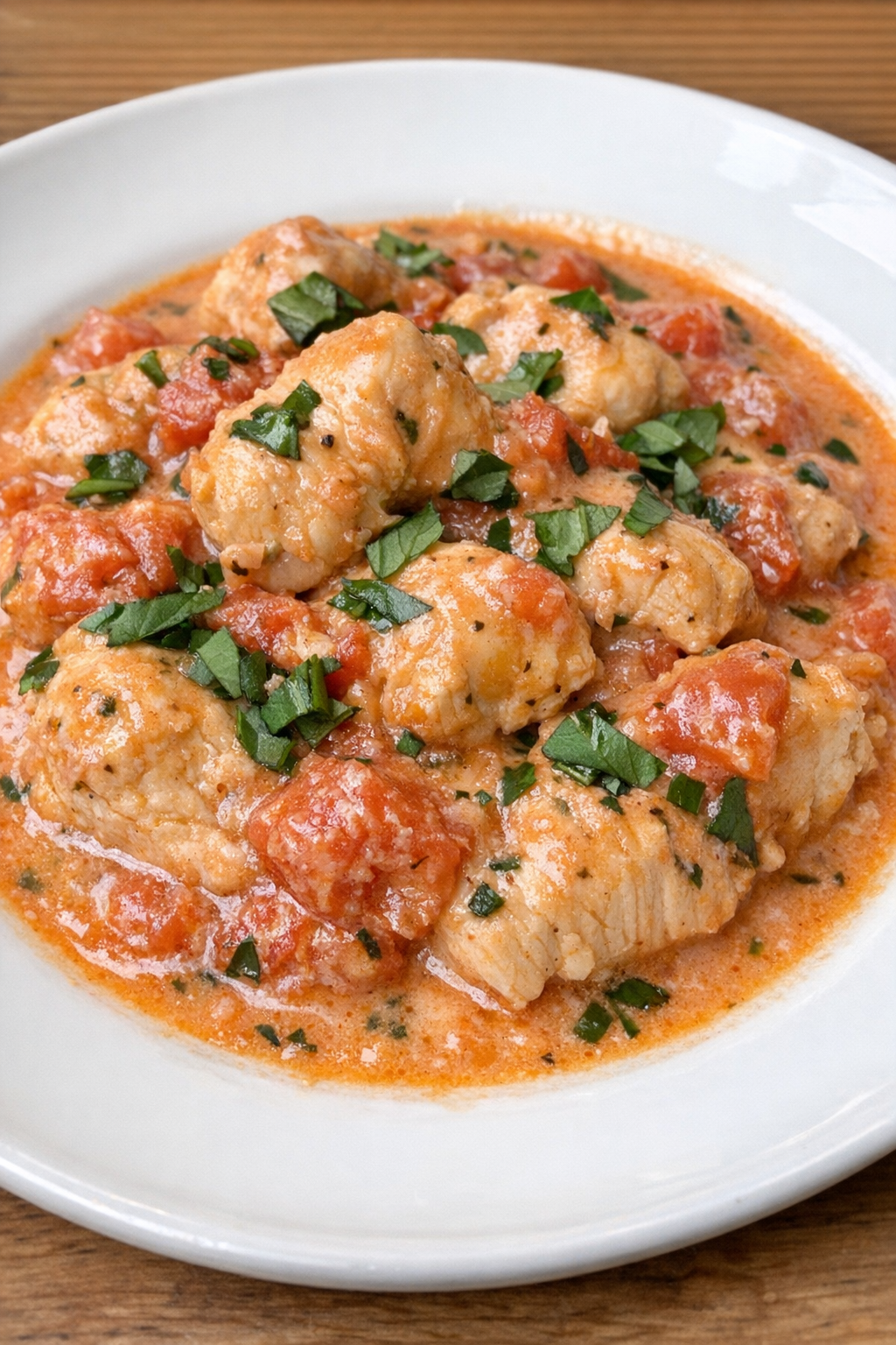Creamy tomato basil chicken on a white plate