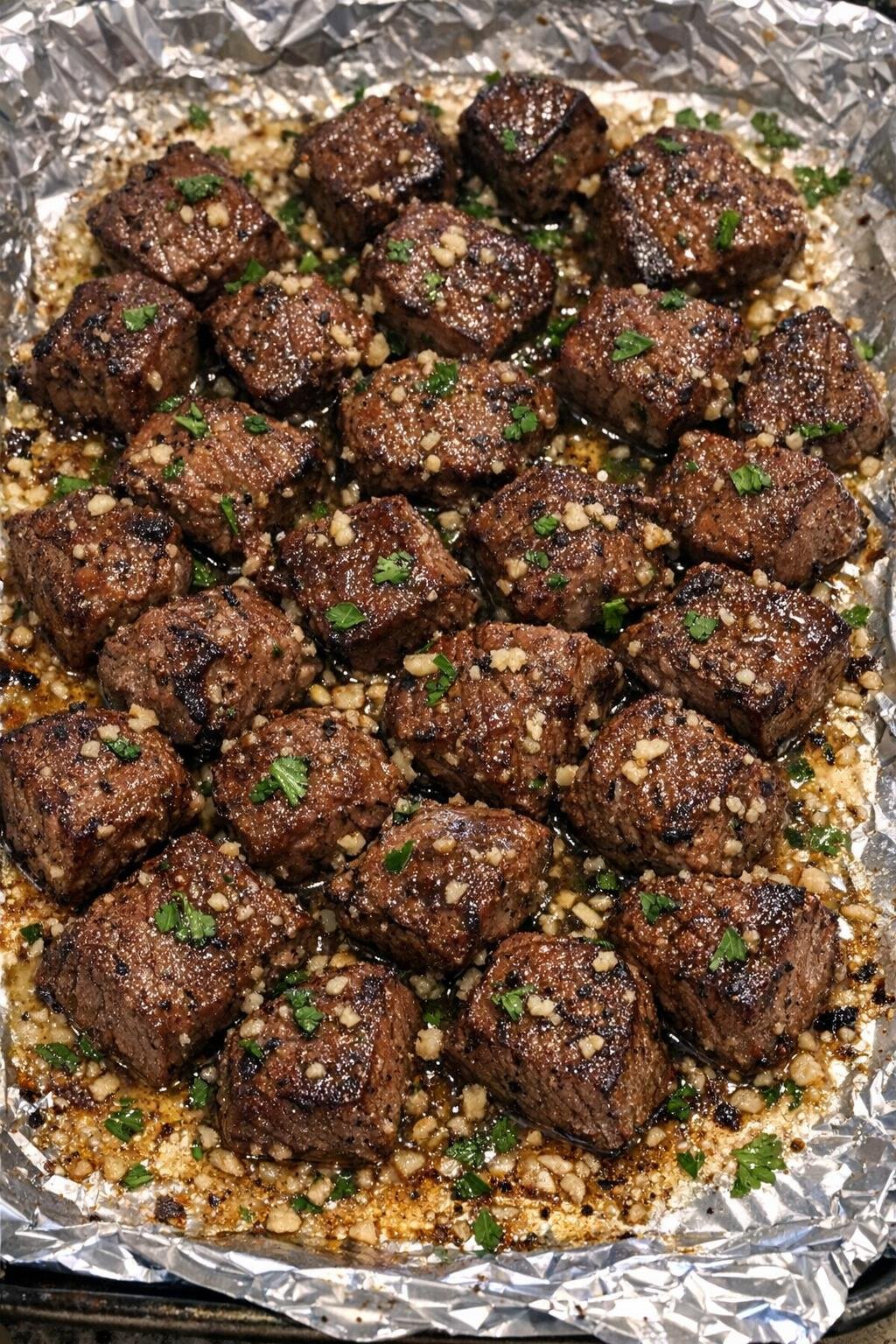 Oven baked beef garlic steak bites on a foil-lined baking sheet
