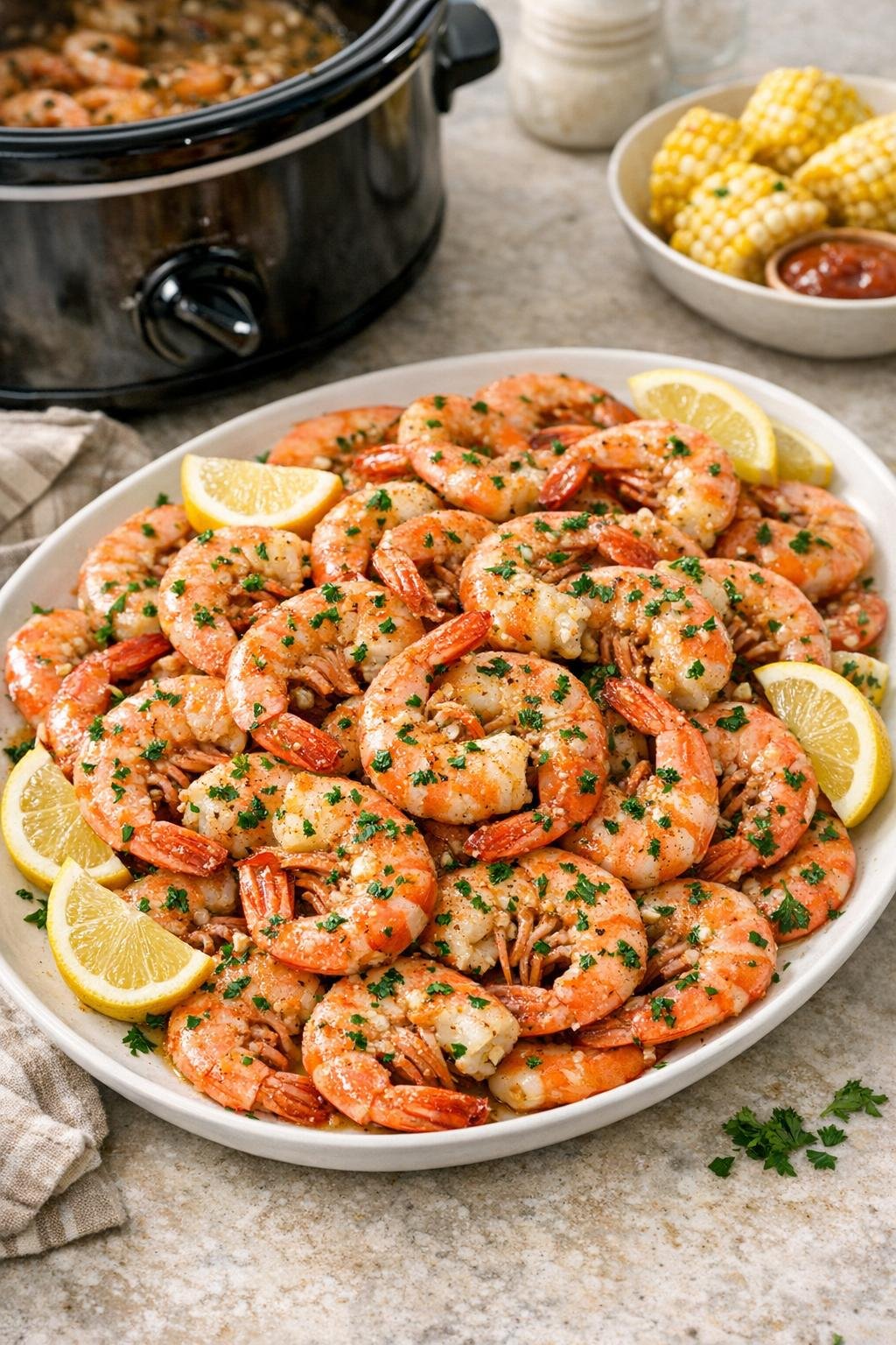 Finished platter of slow cooker shell-on shrimp