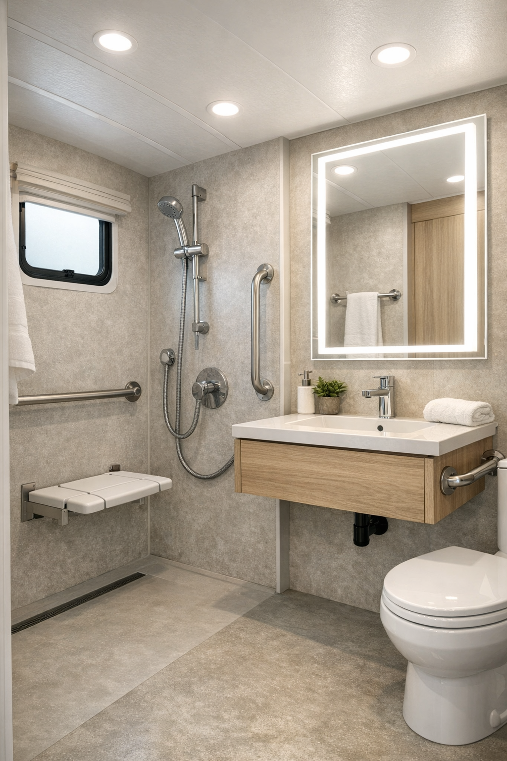 Accessible RV bathroom with curbless shower, light wood vanity, and soft stone finishes