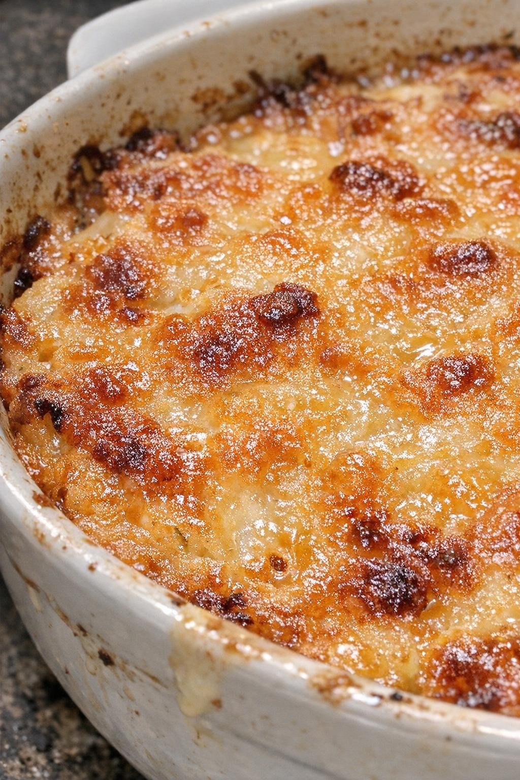 Golden-crusted casserole in a ceramic baking dish