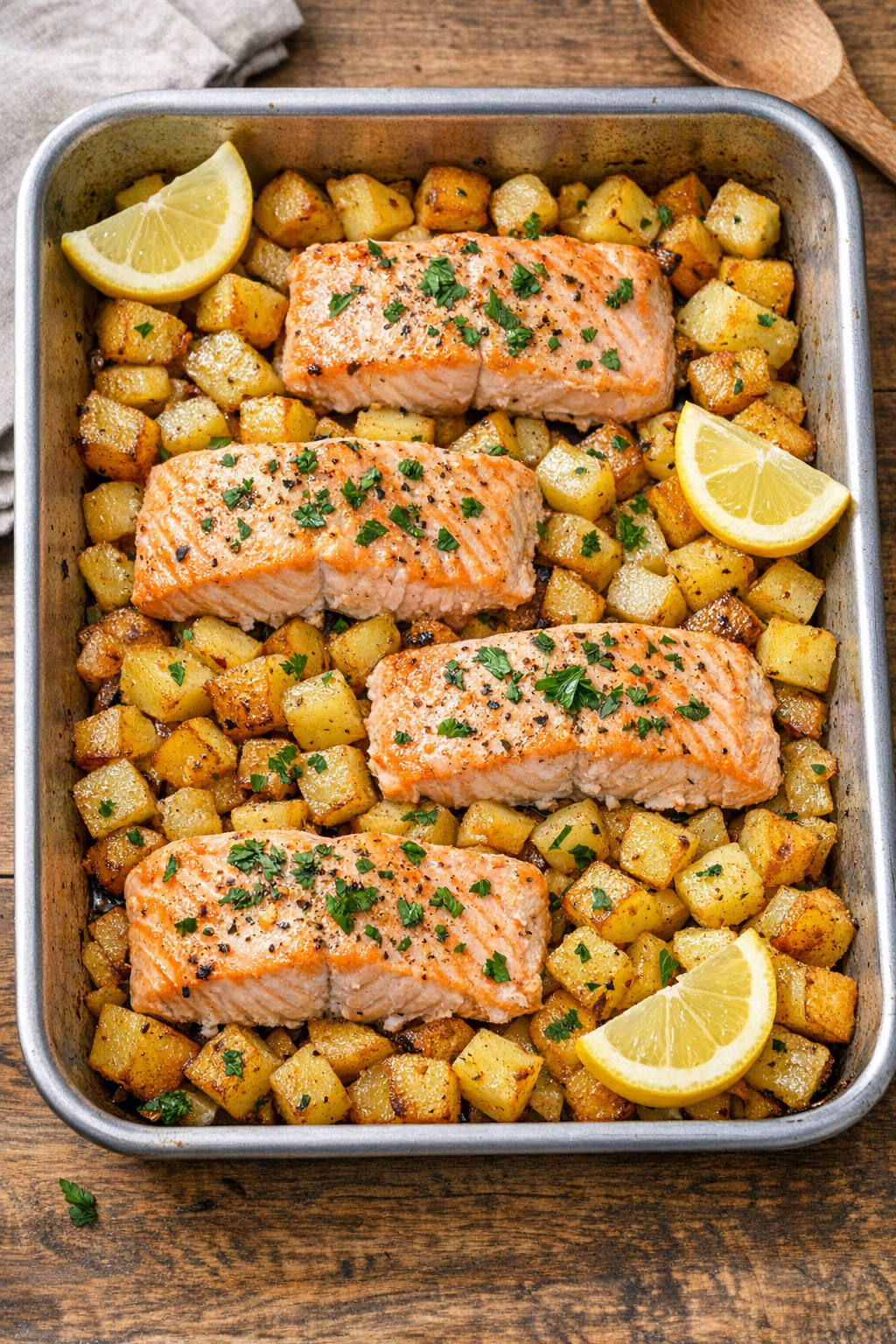 Finished baked salmon and potatoes on a platter