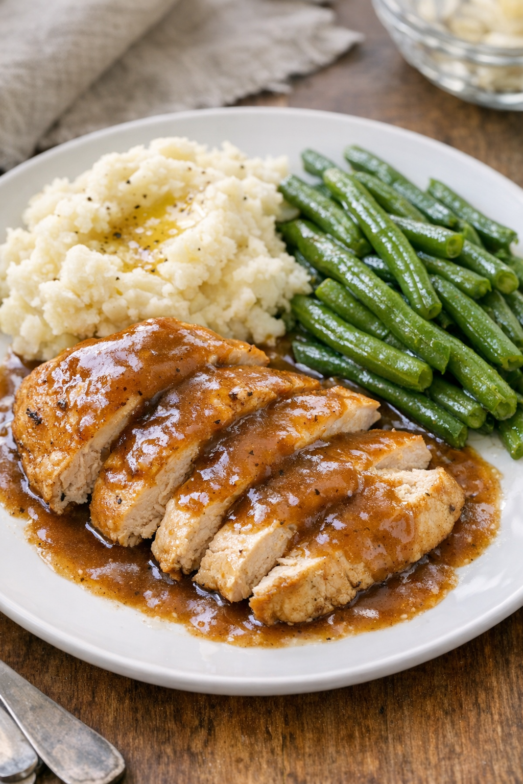 Plated baked chicken with gravy and mashed potatoes