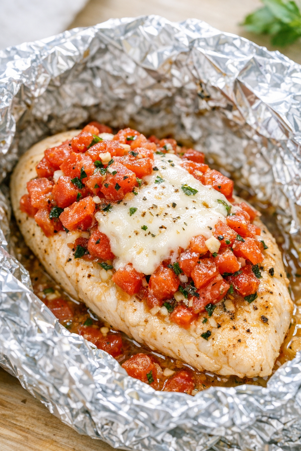 Milder bruschetta chicken with finely diced tomatoes