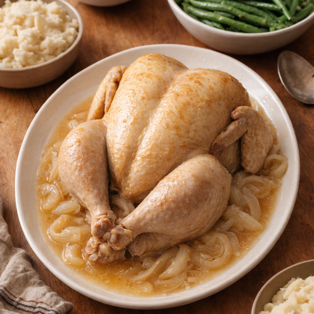 Slow cooker roast chicken on a family dinner table