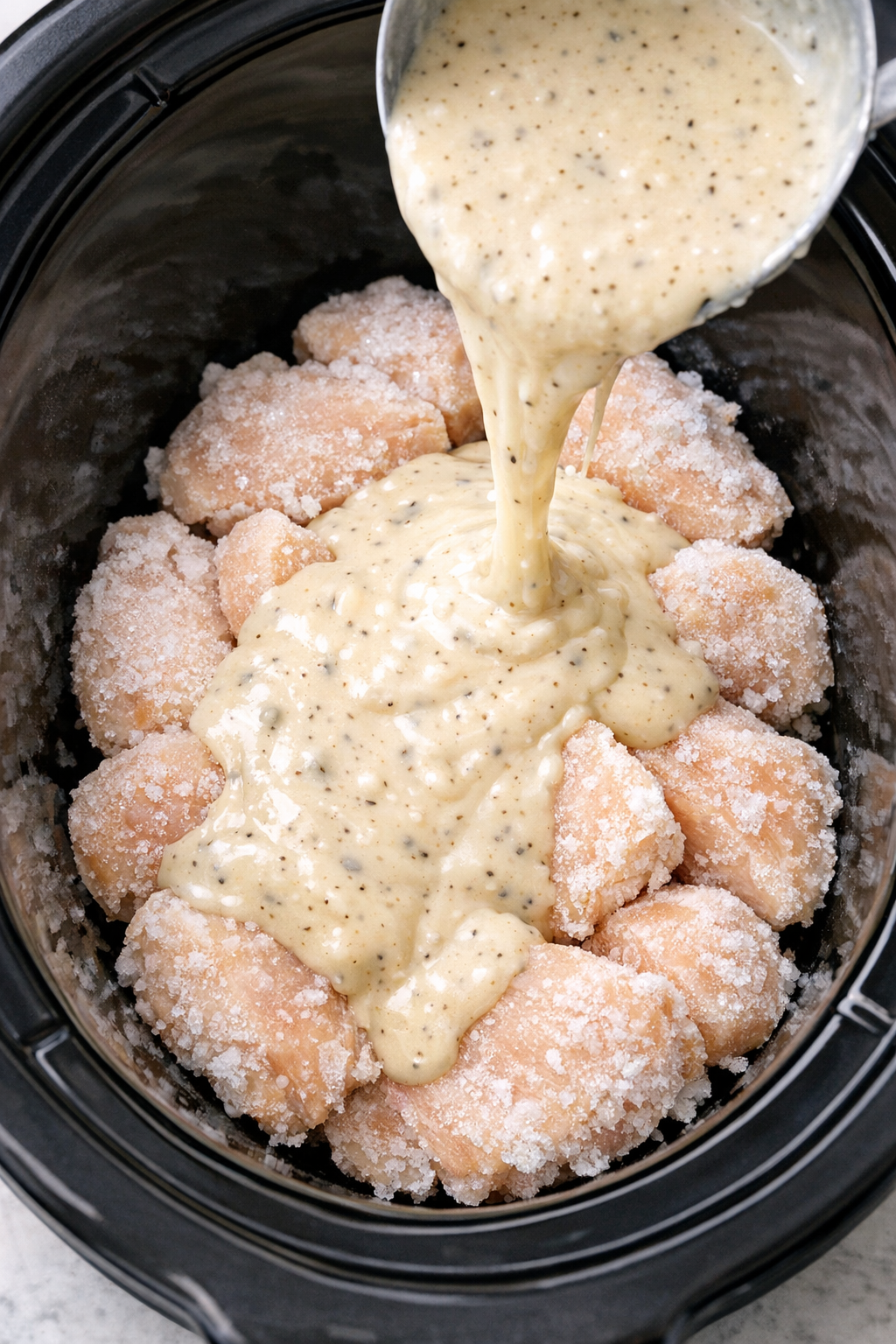 Sauce poured over chicken in the slow cooker
