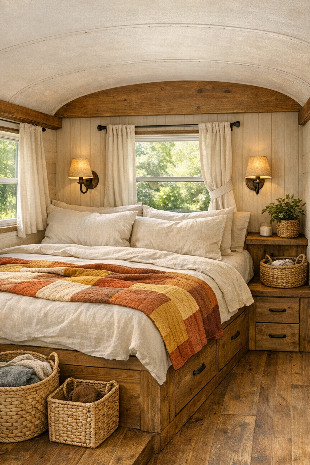 Calm rustic bus bedroom with a built-in bed, linen bedding, and pale wood paneling