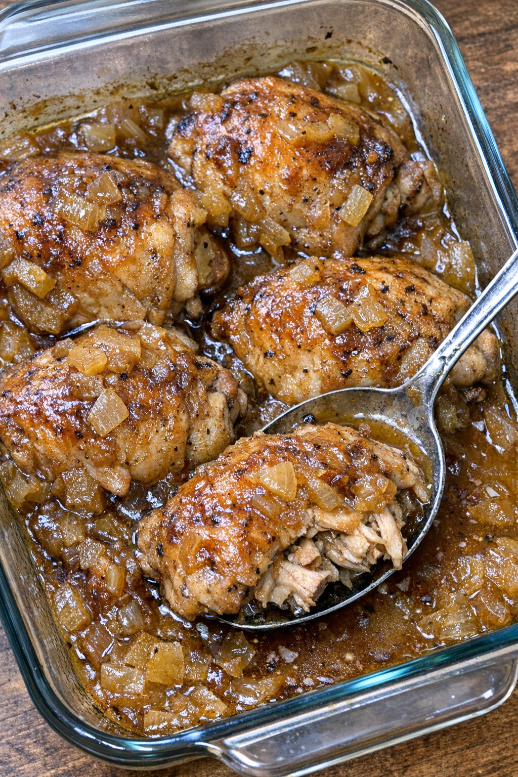 Chicken thighs in amber sauce in a rectangular baking dish