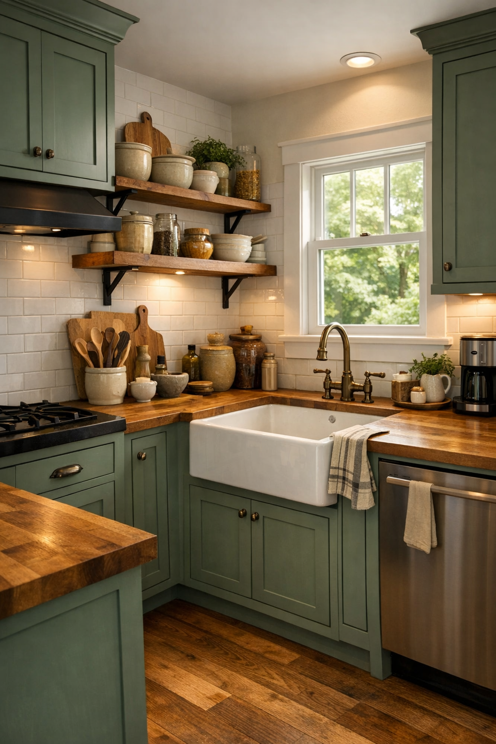 Small Craftsman kitchen with shaker cabinets, butcher block counters, and farmhouse warmth