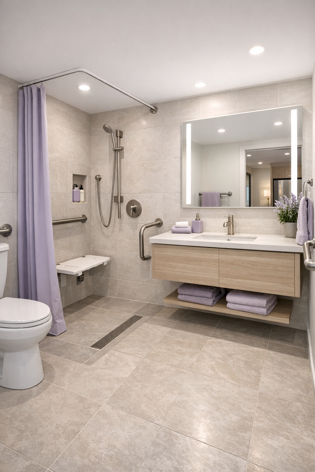 Light-filled accessible bathroom with curbless shower, pale tile, and lavender accents