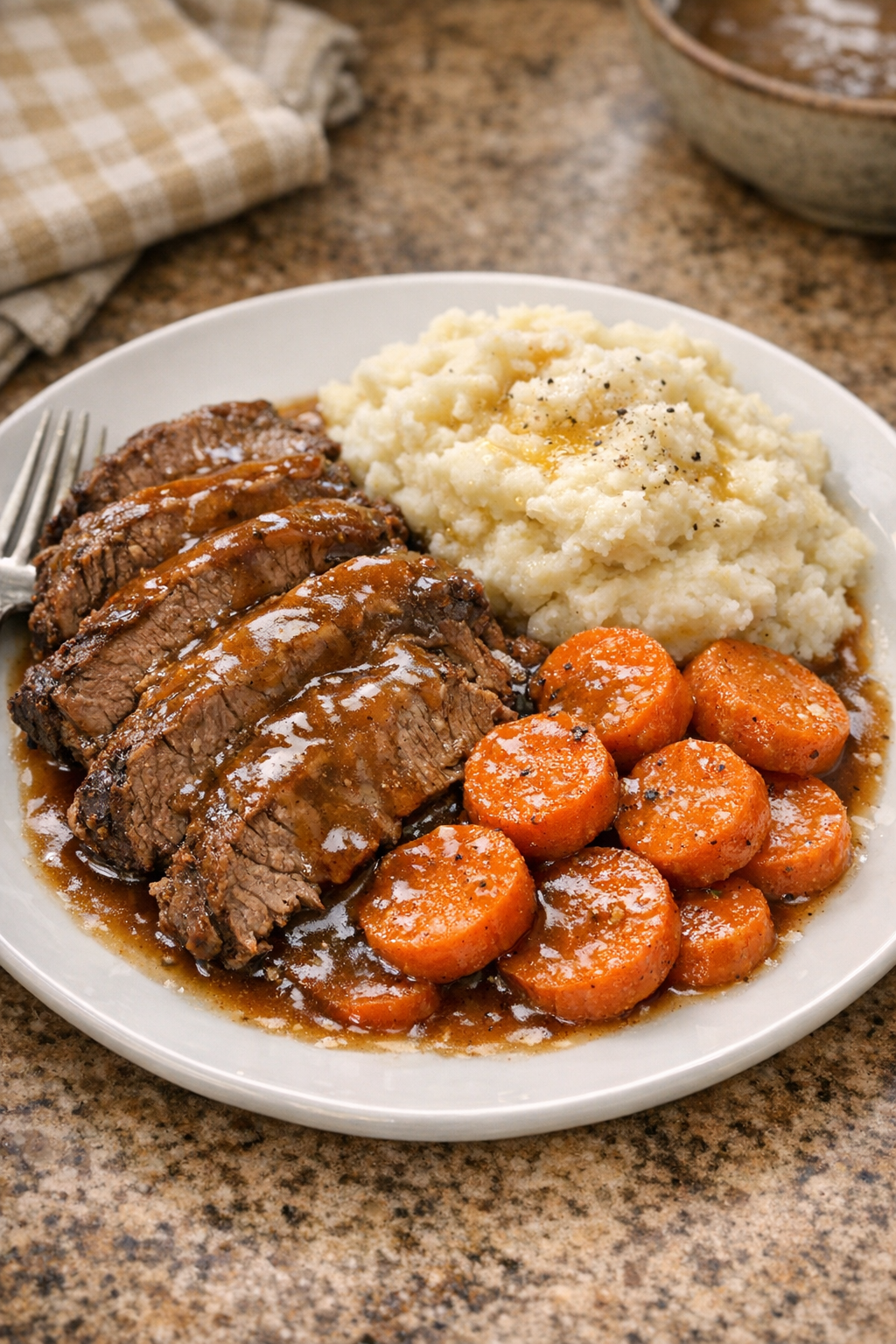 Finished Amish carrot beef plated with carrots and gravy