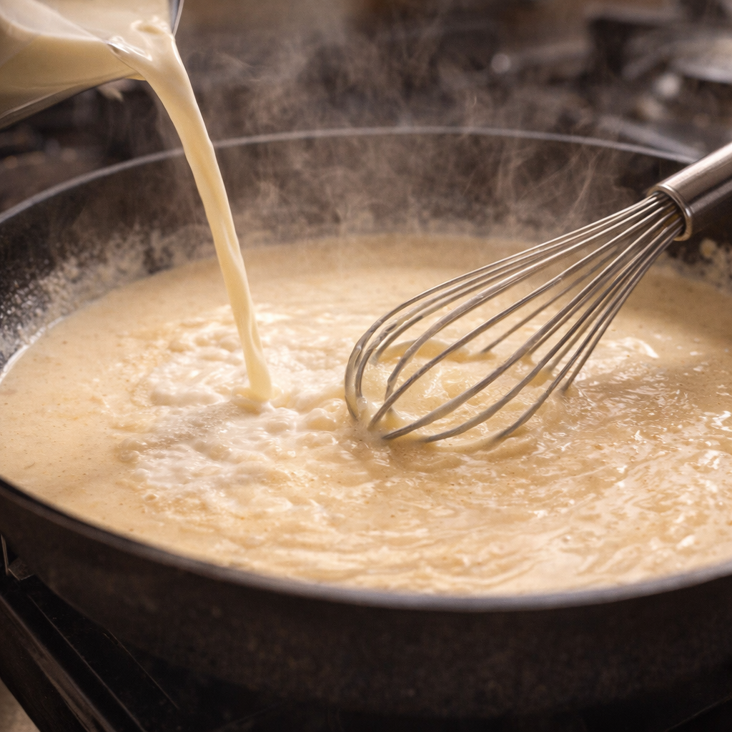 Creamy Alfredo sauce being whisked in a skillet