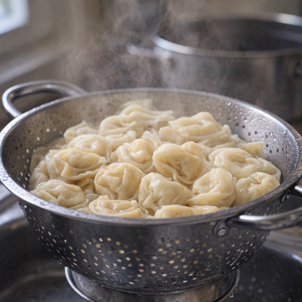 Tortellini draining in a colander over the sink