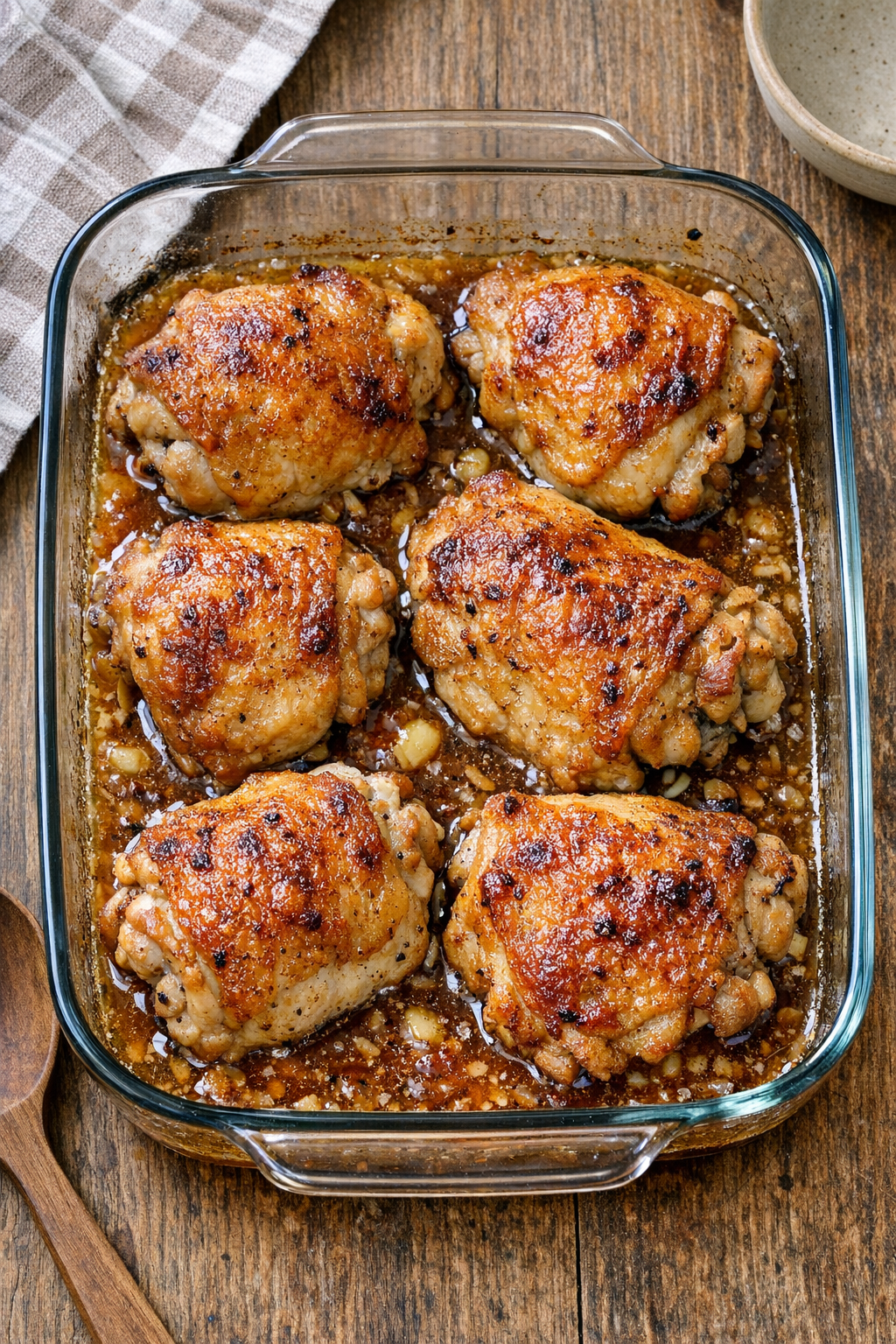 Finished baked chicken thighs in a glass casserole dish