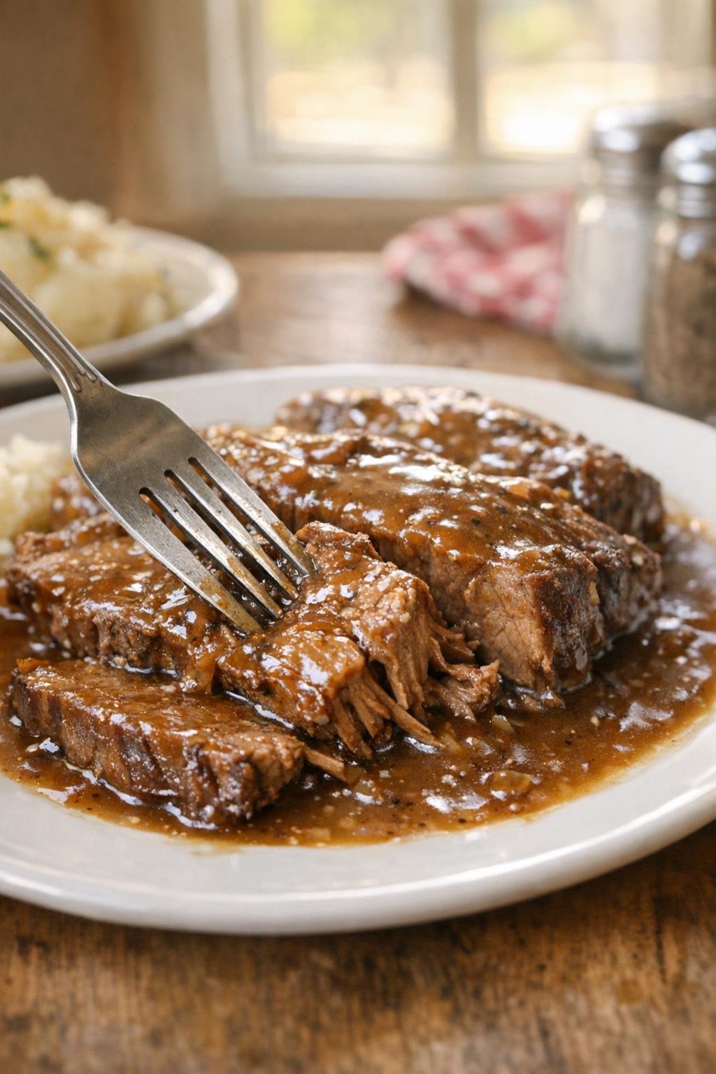 Finished blade roast with gravy on a farmhouse table