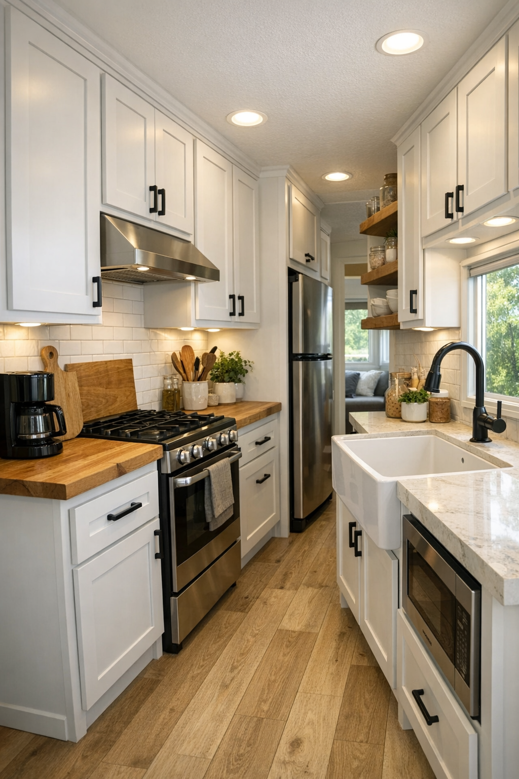 Farmhouse RV kitchen with white shaker cabinets and apron-front sink