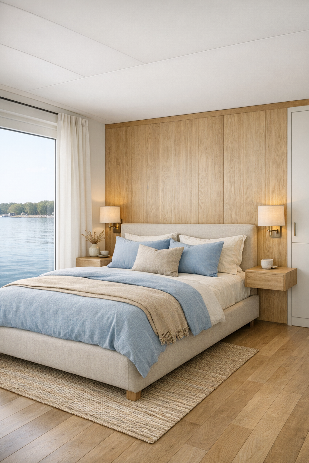 Serene coastal bedroom with oak paneling, linen bed, and soft blue accents