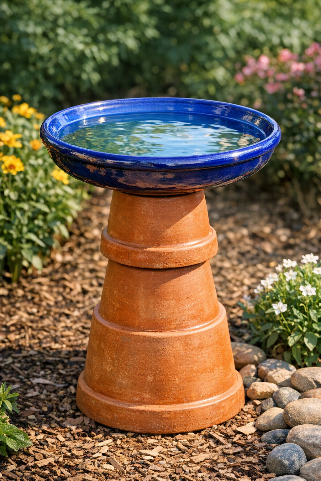 Finished terracotta pot bird bath with glazed ceramic saucer filled with water