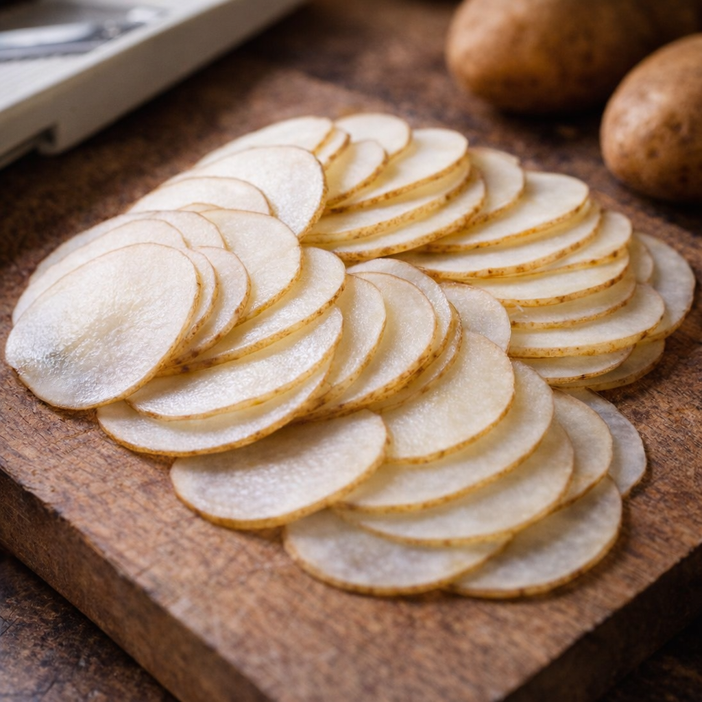 Thin potato slices on a cutting board beside a mandoline