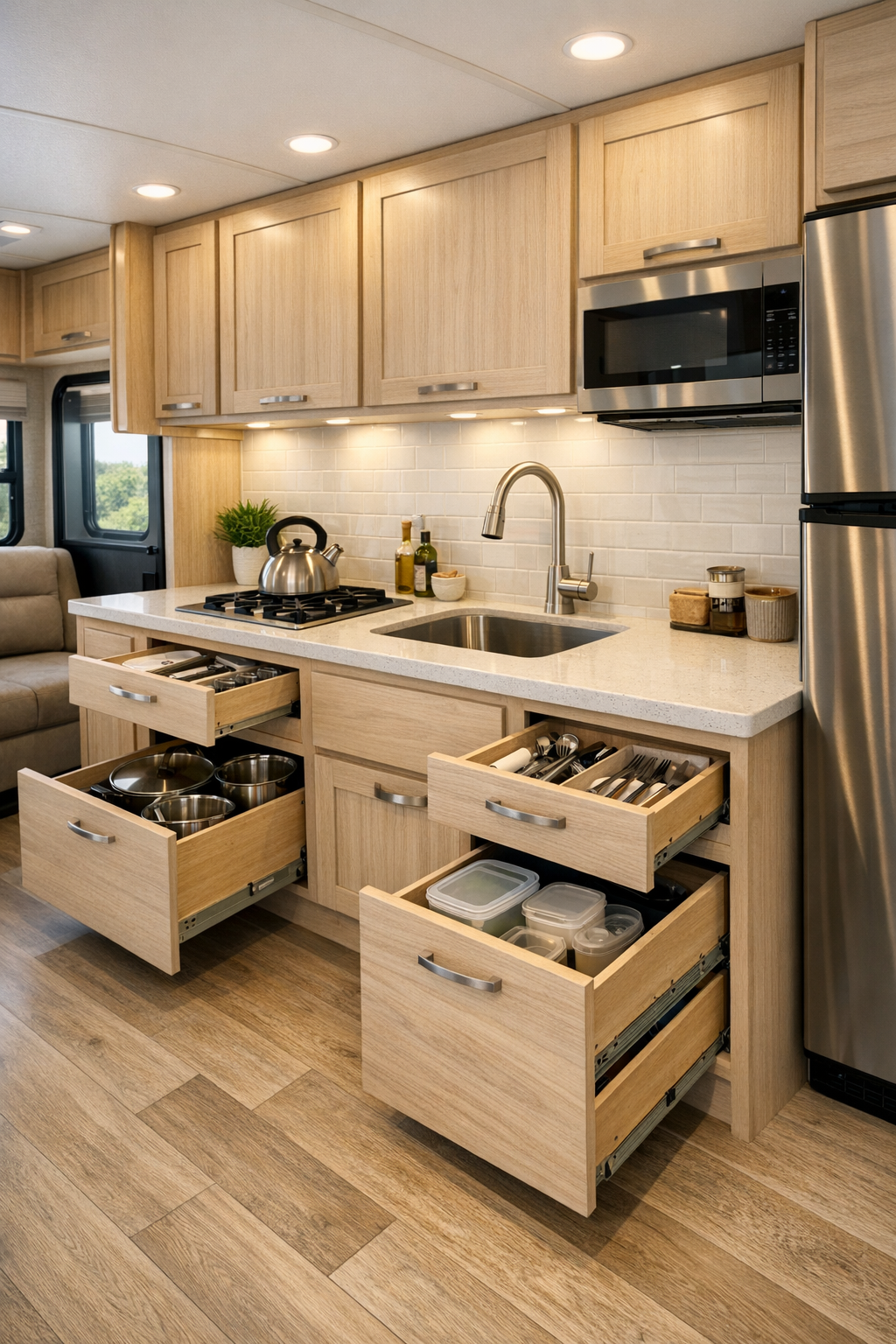 Accessible RV kitchen with light countertops, pale wood cabinets, compact appliances, and open circulation