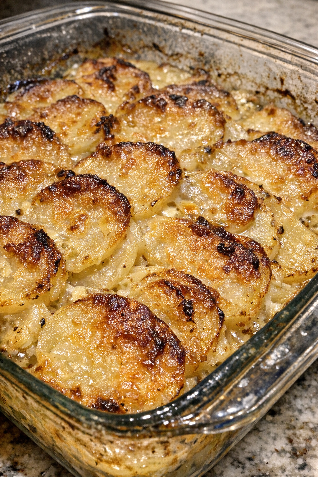 Golden scalloped potatoes in a glass baking dish