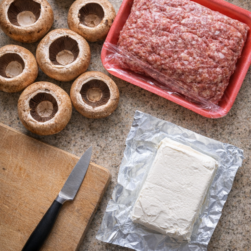 Simple ingredients for stuffed mushrooms laid out on the counter