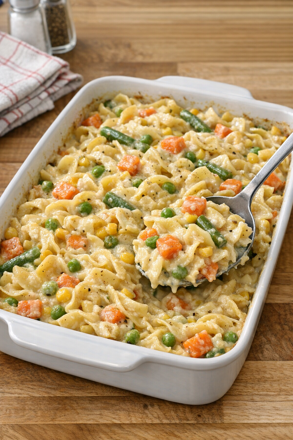 Finished baked creamy vegetable egg noodles in a casserole dish