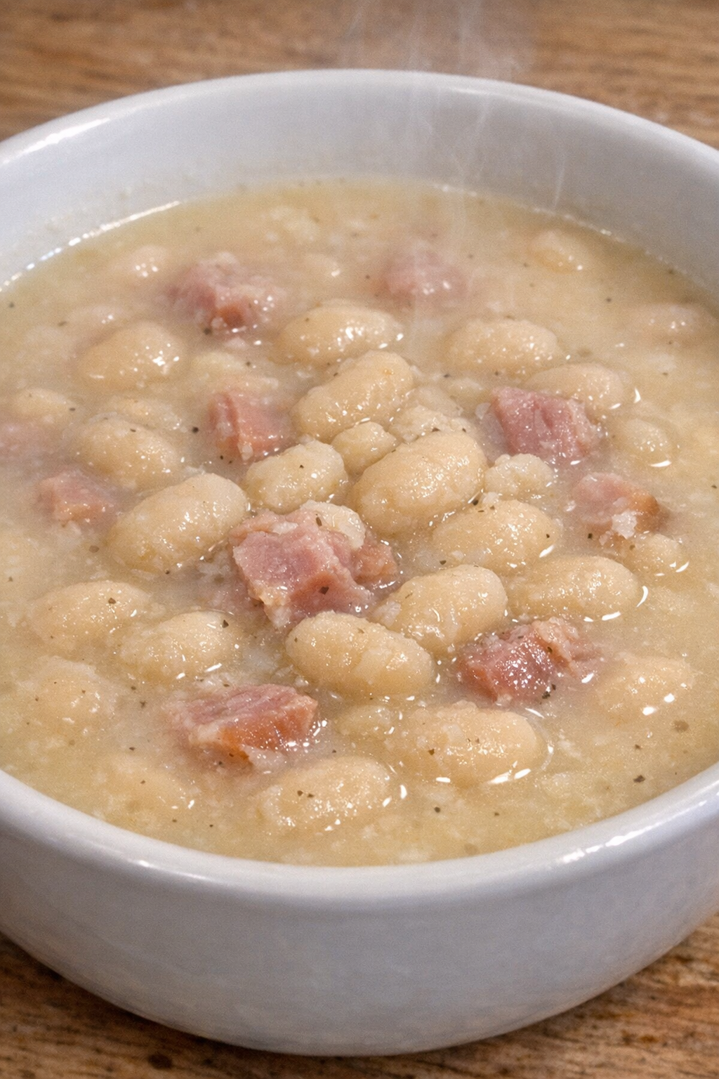3-ingredient navy bean soup in a white ceramic bowl
