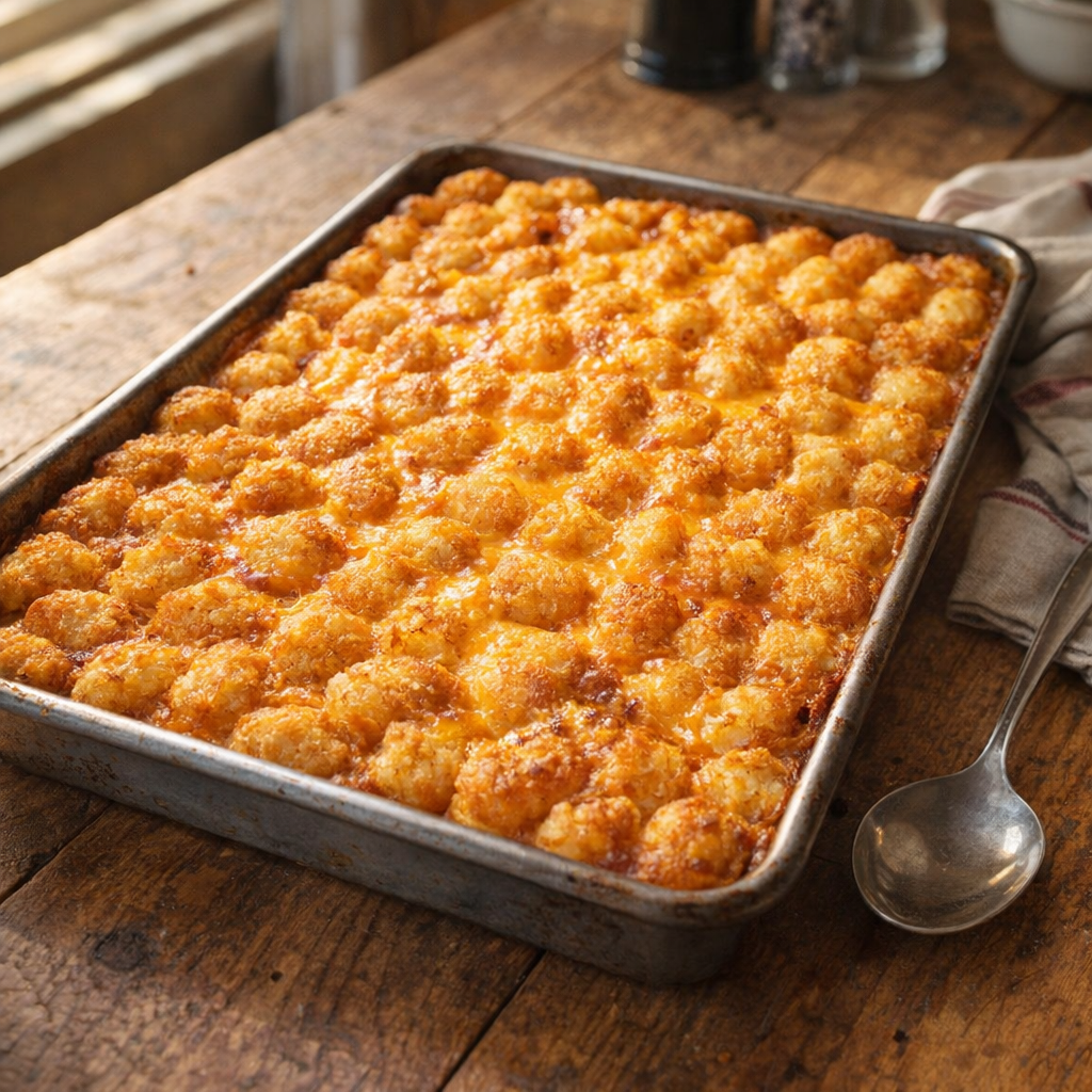 Rustic tater tot casserole fresh from the oven